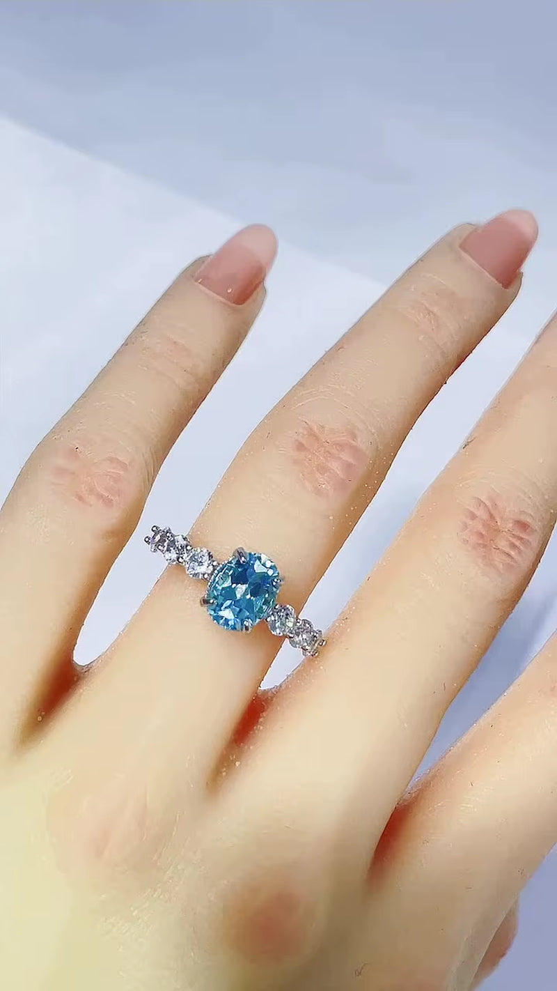 Ready to Ship S925 Sterling Silver Inlay 1CT Blue Moissanite Ring Oval Cut Natural Gemstone Topaz Ring for Women Wedding Band