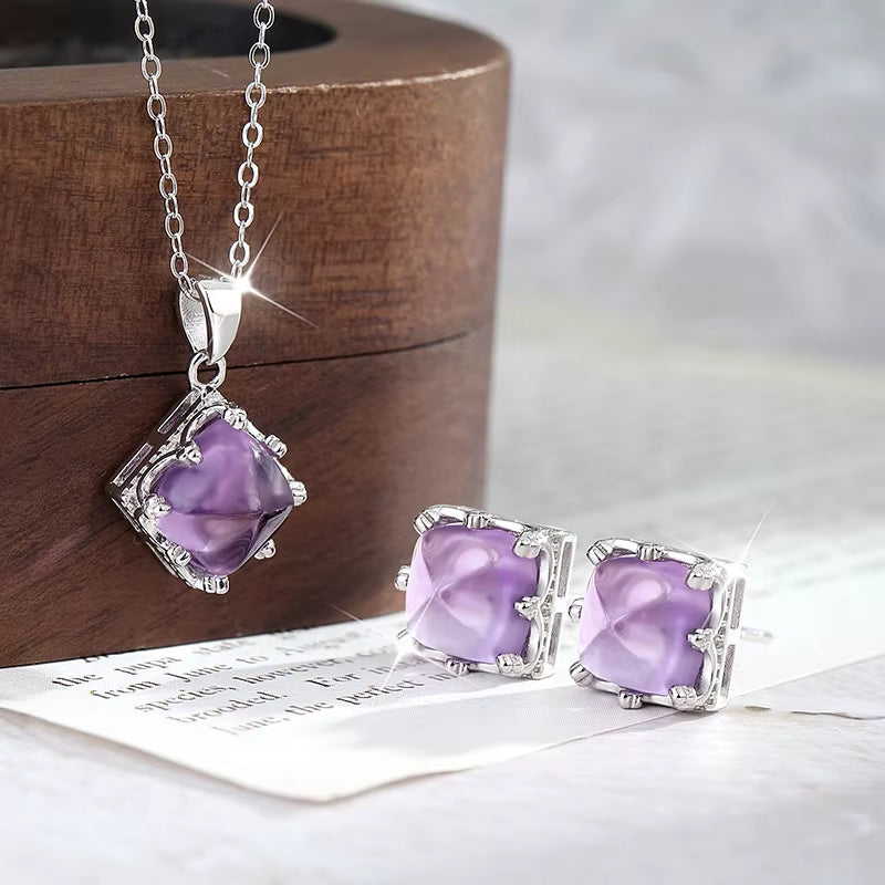 S925 Sterling Silver Women'S All-Match Necklace Natural Amethyst Sugar Tower Square Pendant Simple Geometric Link Chain Platinum