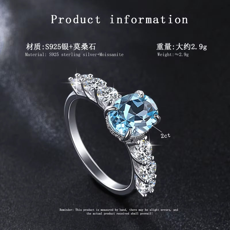 Ready to Ship S925 Sterling Silver Inlay 1CT Blue Moissanite Ring Oval Cut Natural Gemstone Topaz Ring for Women Wedding Band
