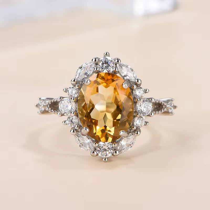 High-Grade S925 Sterling Silver Oval Cut Citrine Prong Set Natural Stone Rhodium Plated Third Party Certified Luxury Jewelry For