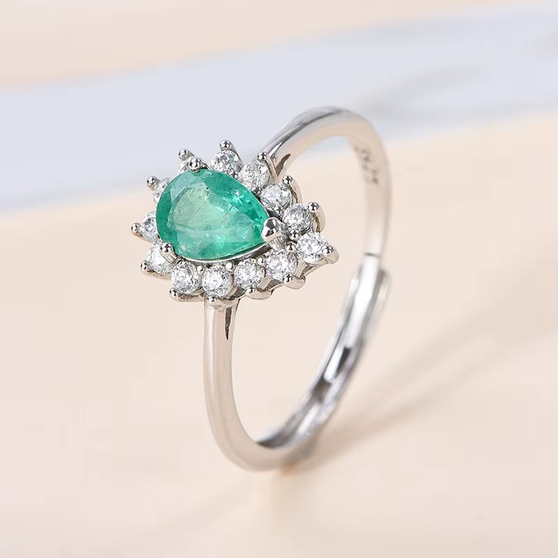 Luxury Natural Emerald Pear Cut Rings-Wholesale May Birthstone Women'S OEM Service Worldwide Shipping Rhodium Plated 925 Silver