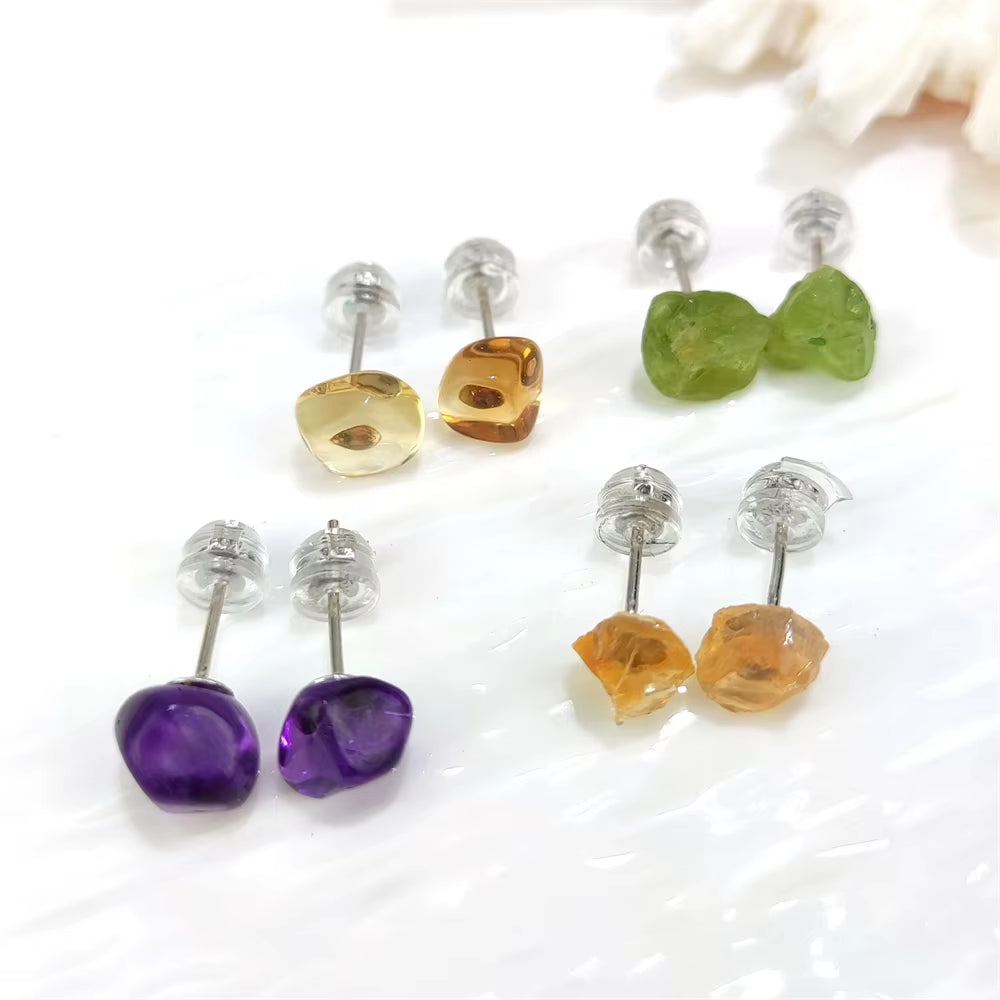 Natural Amethyst Stud Rhodium Plated Rough Stone Earrings Simple S925 Sterling Silver Earrings Crystal Citrine Peridot Jewelry