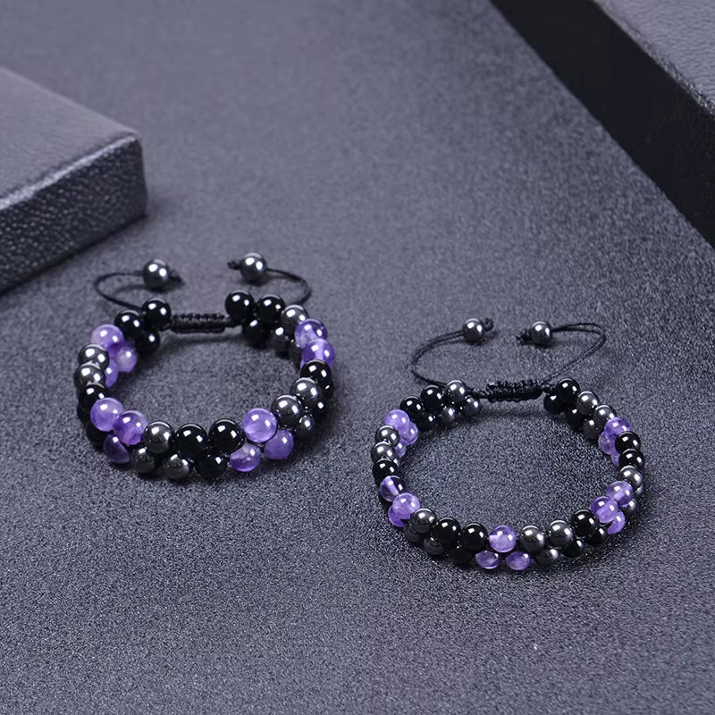High Quality 6/8MM Natural Stone Amethyst Double Layer Bracelet Handmade Adjustable Elastic Black Magnet Beaded Bracelet Jewelry