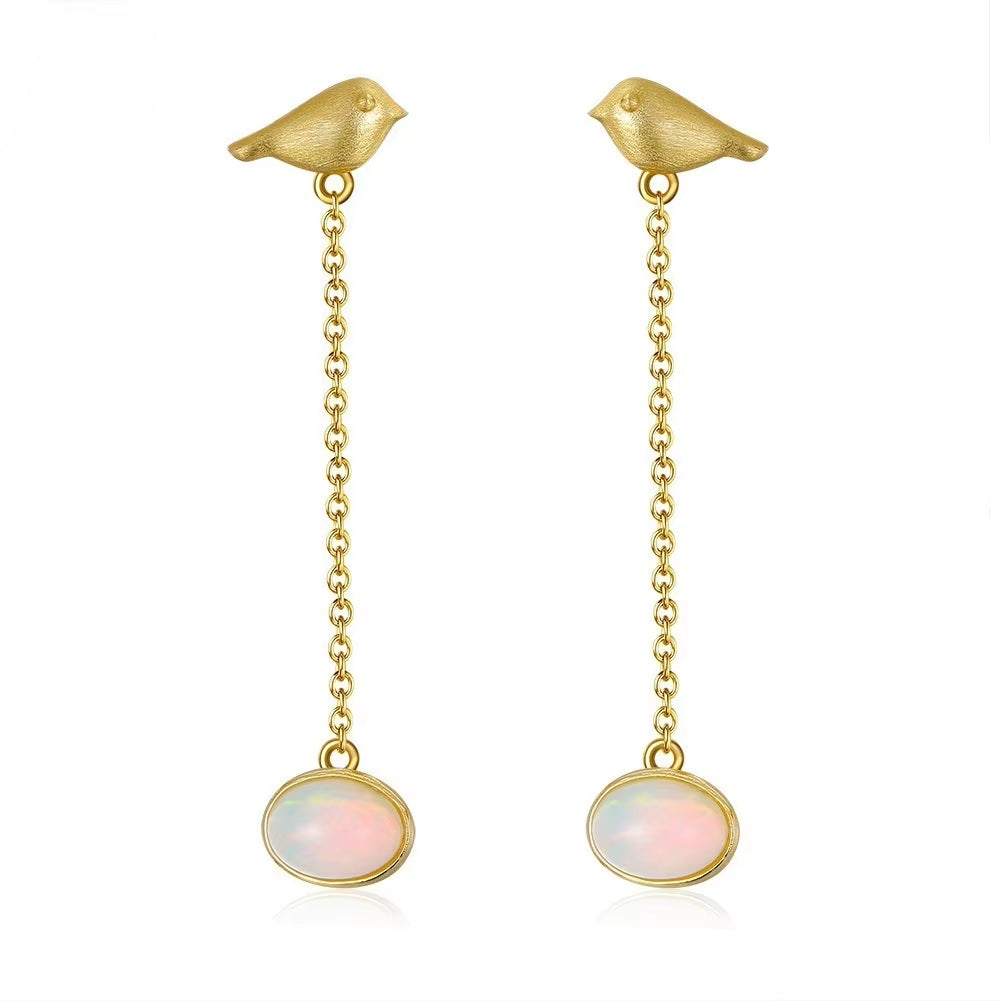 Fine Jewelry Opal Gemstone Necklace Jewelry Set Handmade 925 Silver Little Birds Design with 100% Genuine Natural Women Gift