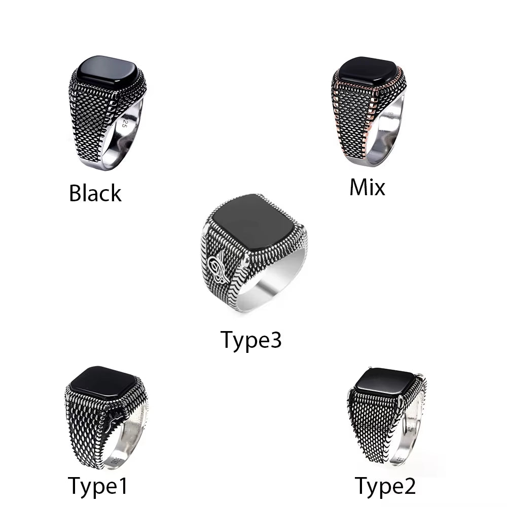 Turkish Jewelry Black Ring Men Light-Weight 6G Real 925 Sterling Silver Mens Rings Natural Agate Stone Vintage Cool Fashion
