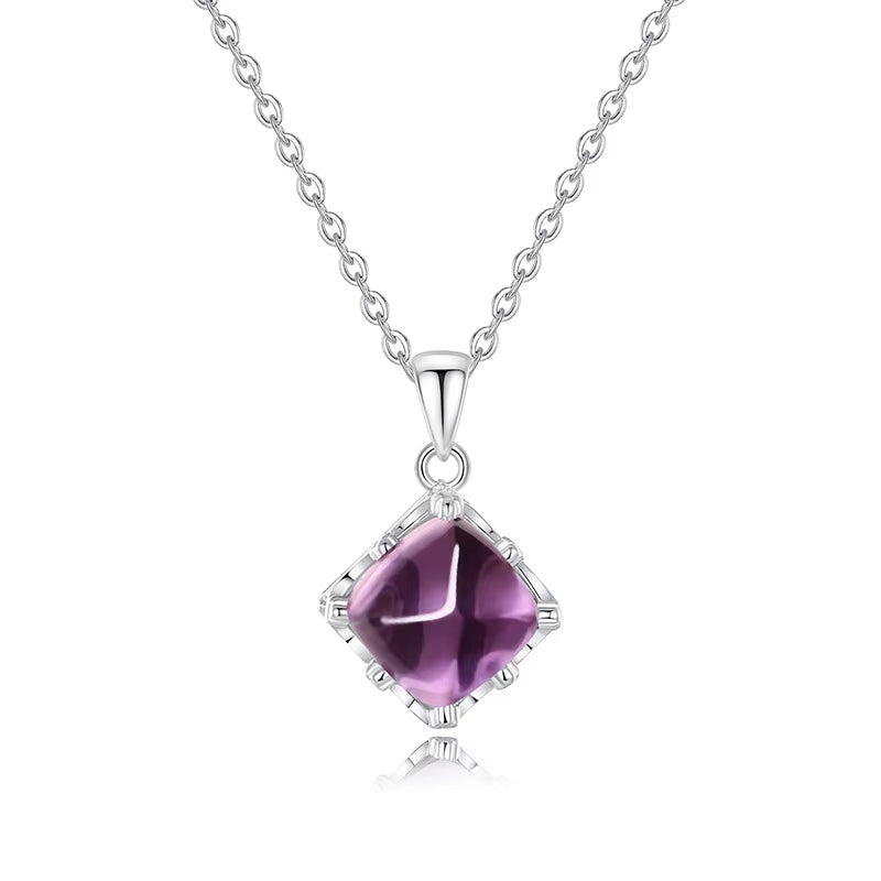 S925 Sterling Silver Women'S All-Match Necklace Natural Amethyst Sugar Tower Square Pendant Simple Geometric Link Chain Platinum