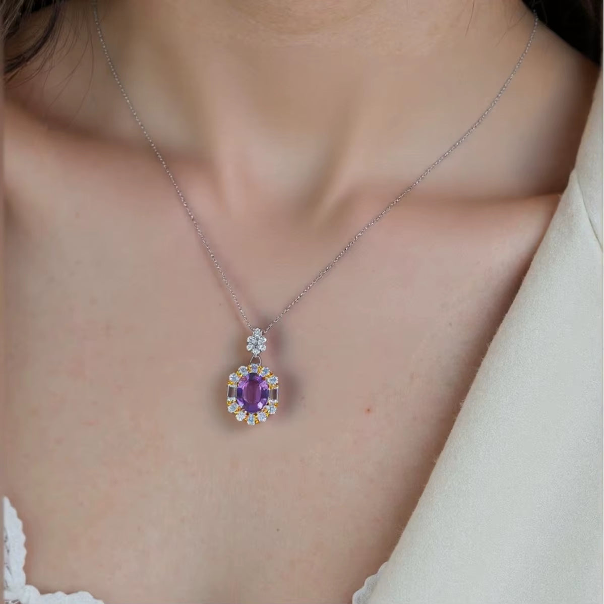 S925 Pure Silver 18K Gold Natural Colored Gemstone Purple Yellow Crystal Pendant Collar Necklace