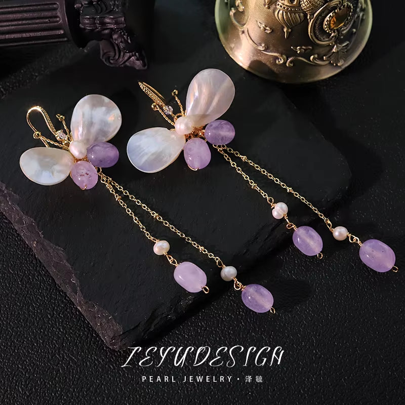 Natural Pearl Baroque Amethyst Butterfly Earrings 2025 New Design Earrings Banquet Gift Girls Jewelry GE1241