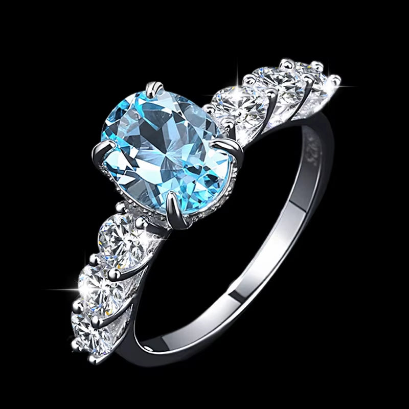 Ready to Ship S925 Sterling Silver Inlay 1CT Blue Moissanite Ring Oval Cut Natural Gemstone Topaz Ring for Women Wedding Band