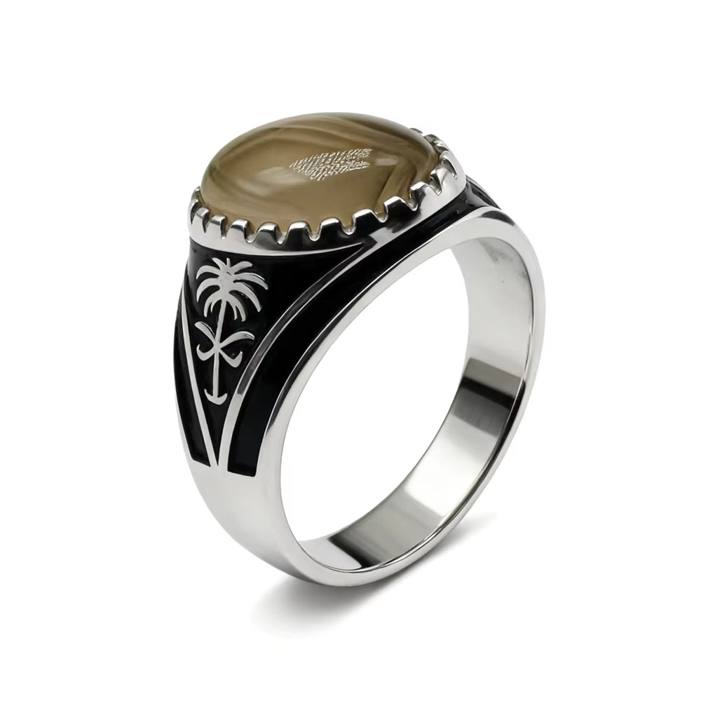 Kaanjewelry Wholesale Turkish Men'S Vintage 925 Sterling Silver Natural Onyx Agate Ring Fashionable Gemstone Islam Arabic Ring