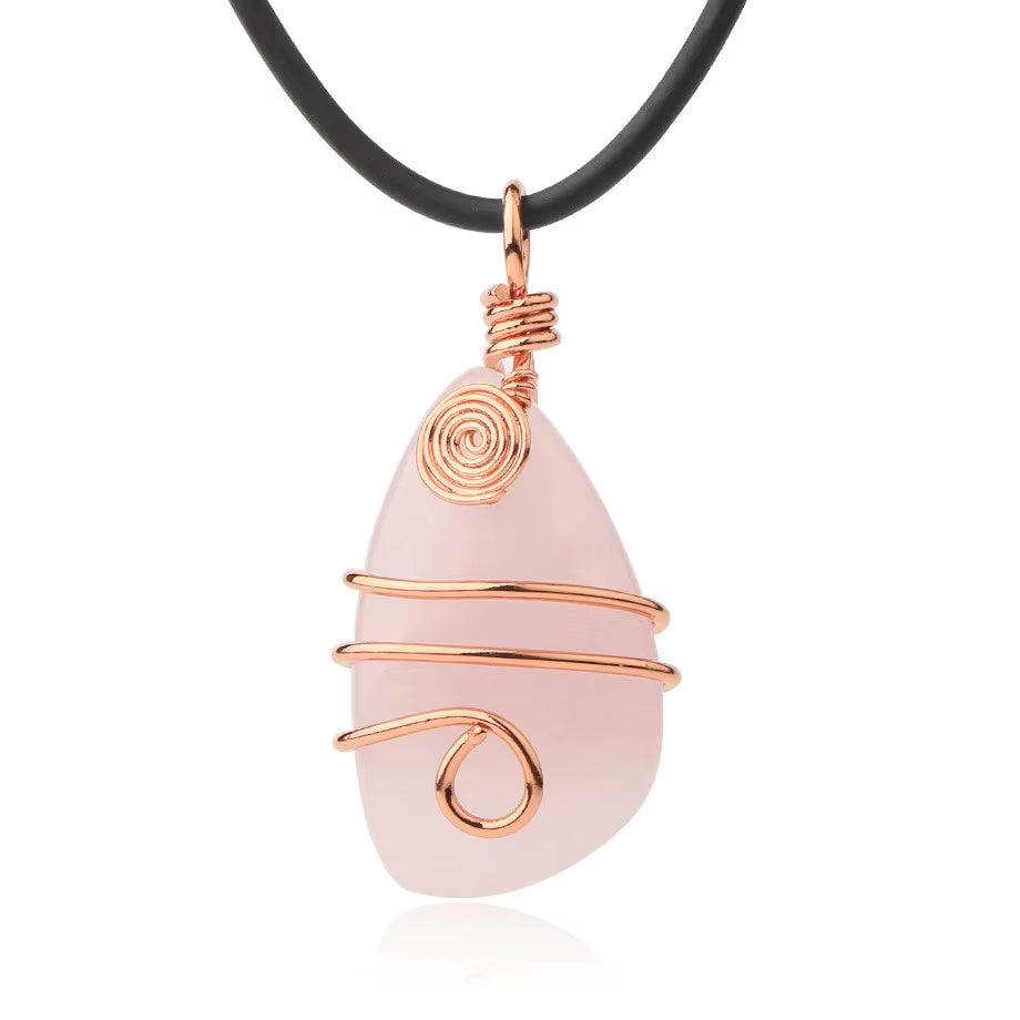 Wire Wrapped Natural Irregular Raw Crystal Pendant Necklace Healing Tumbled Gemstone Jewelry for Women Girl Amethyst Rose Quartz