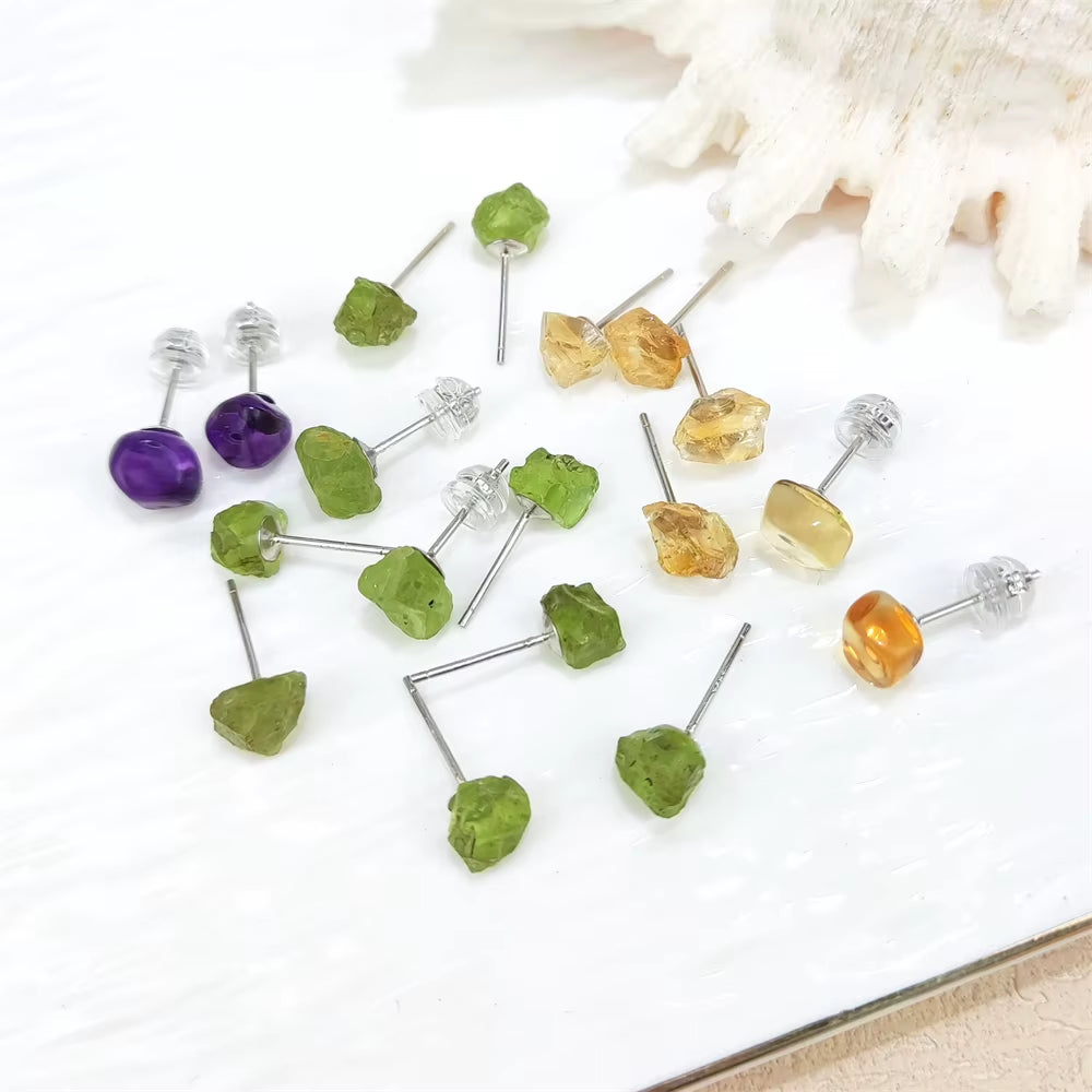 Natural Amethyst Stud Rhodium Plated Rough Stone Earrings Simple S925 Sterling Silver Earrings Crystal Citrine Peridot Jewelry