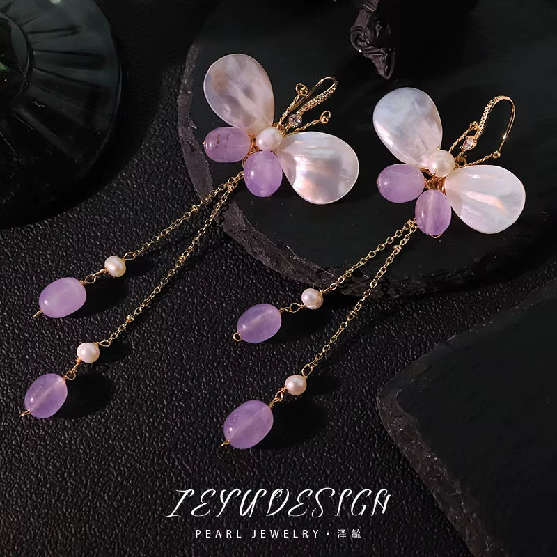 Natural Pearl Baroque Amethyst Butterfly Earrings 2025 New Design Earrings Banquet Gift Girls Jewelry GE1241