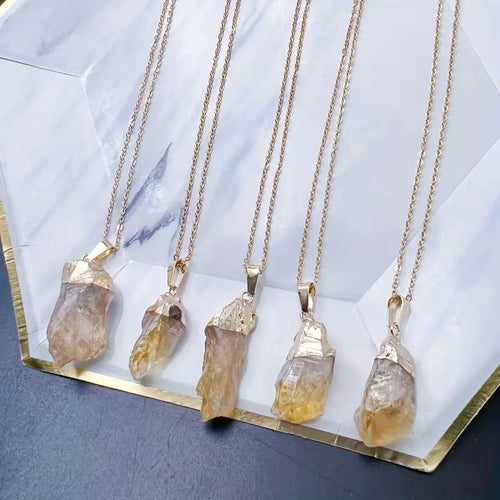 Natural Brazilian Citrine Raw Stone Pendant Gold Plated Edge Crystal Charm Necklace Wealth Abundance Healing Crystal Wholesale