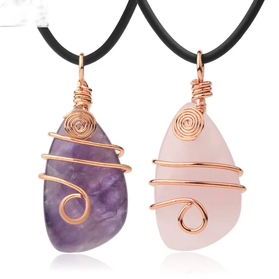 Wire Wrapped Natural Irregular Raw Crystal Pendant Necklace Healing Tumbled Gemstone Jewelry for Women Girl Amethyst Rose Quartz