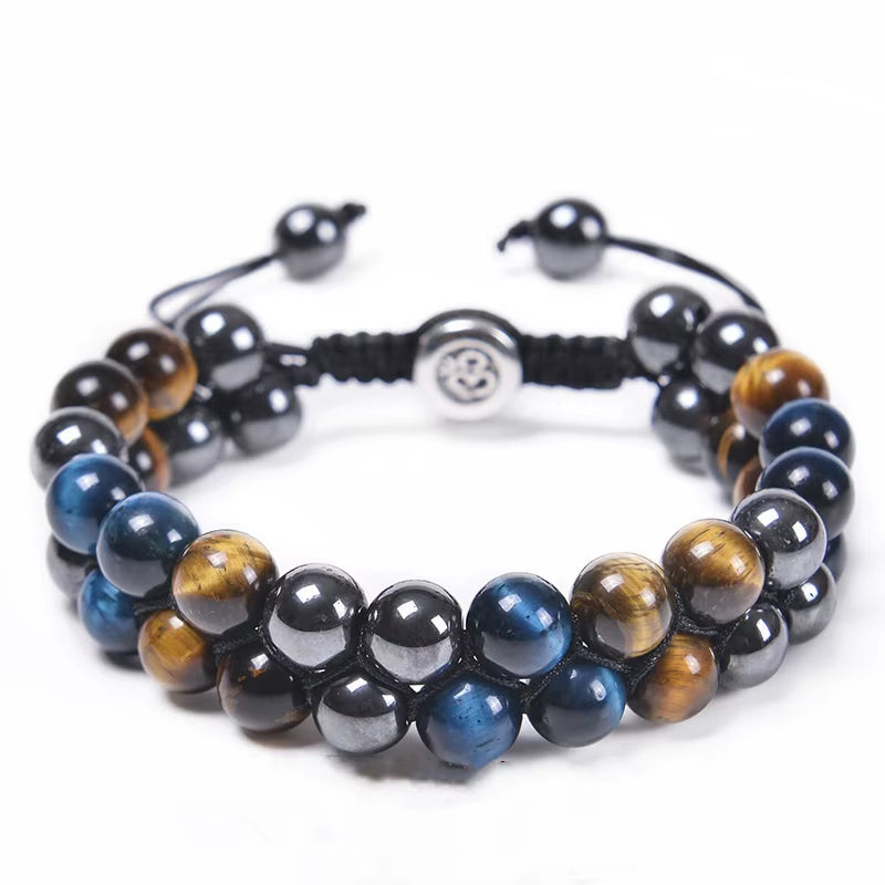 8Mm Blue Tiger Eye Black Obsidian Hematite Bracelet Double Woven Gemstone Natural Stone Yoga Beaded Bracelets Charms Stretchy