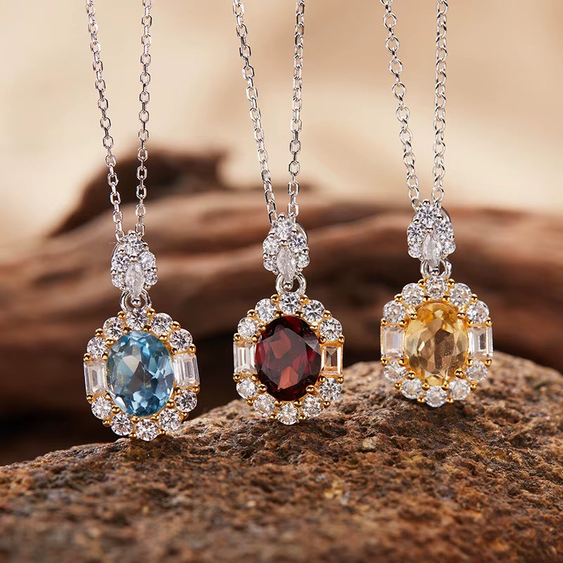 S925 Pure Silver 18K Gold Natural Colored Gemstone Purple Yellow Crystal Pendant Collar Necklace