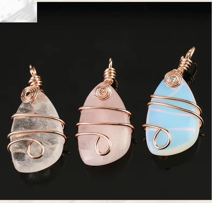 Wire Wrapped Natural Irregular Raw Crystal Pendant Necklace Healing Tumbled Gemstone Jewelry for Women Girl Amethyst Rose Quartz