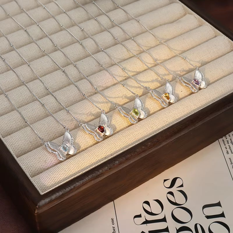 ELAN Factory Customized Wholesale Butterfly Collarbone Chain S925 Silver Plated Natural Crystal Stone Brushed Necklace