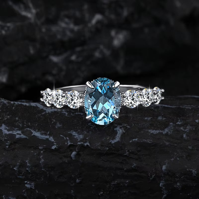 Ready to Ship S925 Sterling Silver Inlay 1CT Blue Moissanite Ring Oval Cut Natural Gemstone Topaz Ring for Women Wedding Band