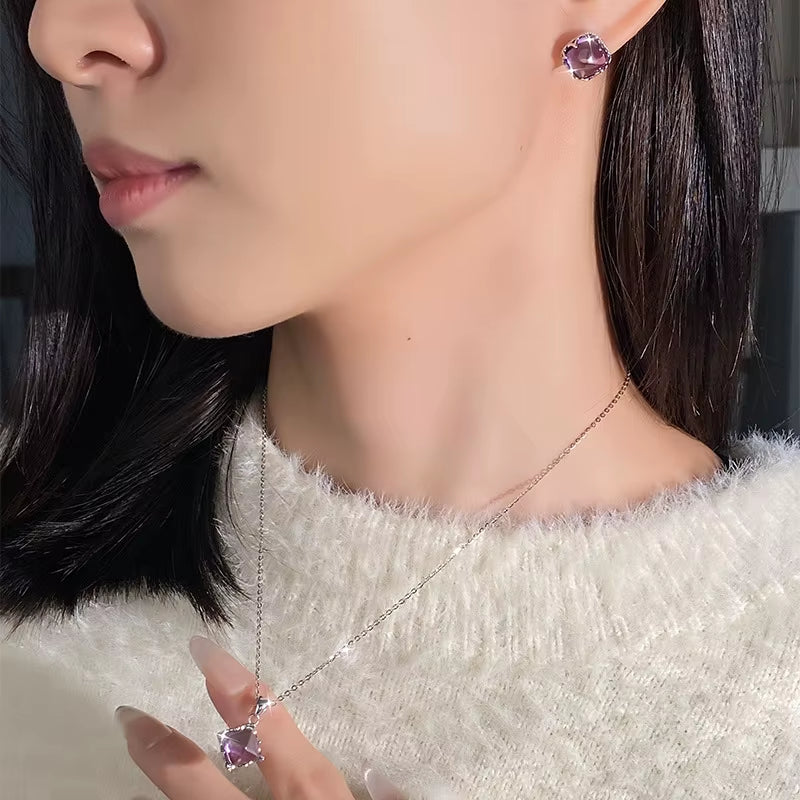 S925 Sterling Silver Women'S All-Match Necklace Natural Amethyst Sugar Tower Square Pendant Simple Geometric Link Chain Platinum