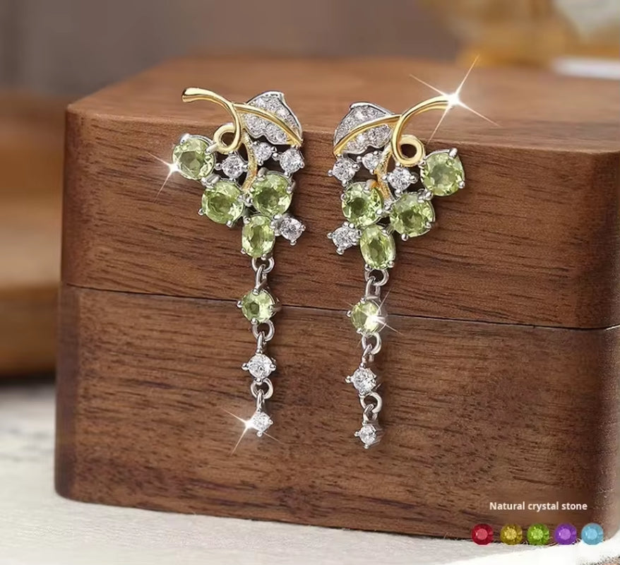 ELAN Factory Wholesale S925 Pure Silver Women'S Cross-Border Natural Crystal Stone Leaves High-End Tassel Niche Earrings