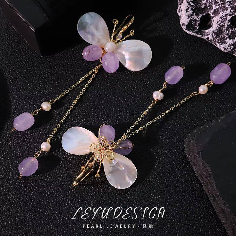 Natural Pearl Baroque Amethyst Butterfly Earrings 2025 New Design Earrings Banquet Gift Girls Jewelry GE1241