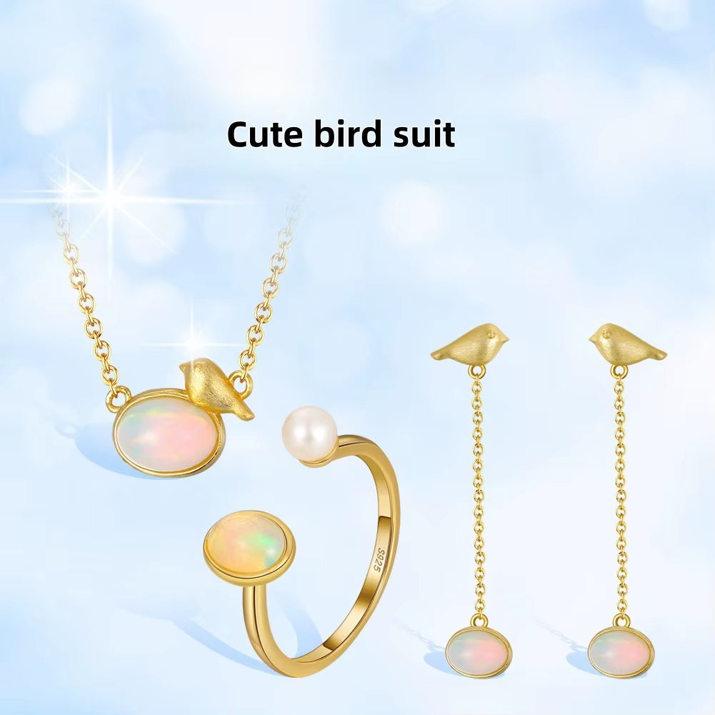 Fine Jewelry Opal Gemstone Necklace Jewelry Set Handmade 925 Silver Little Birds Design with 100% Genuine Natural Women Gift