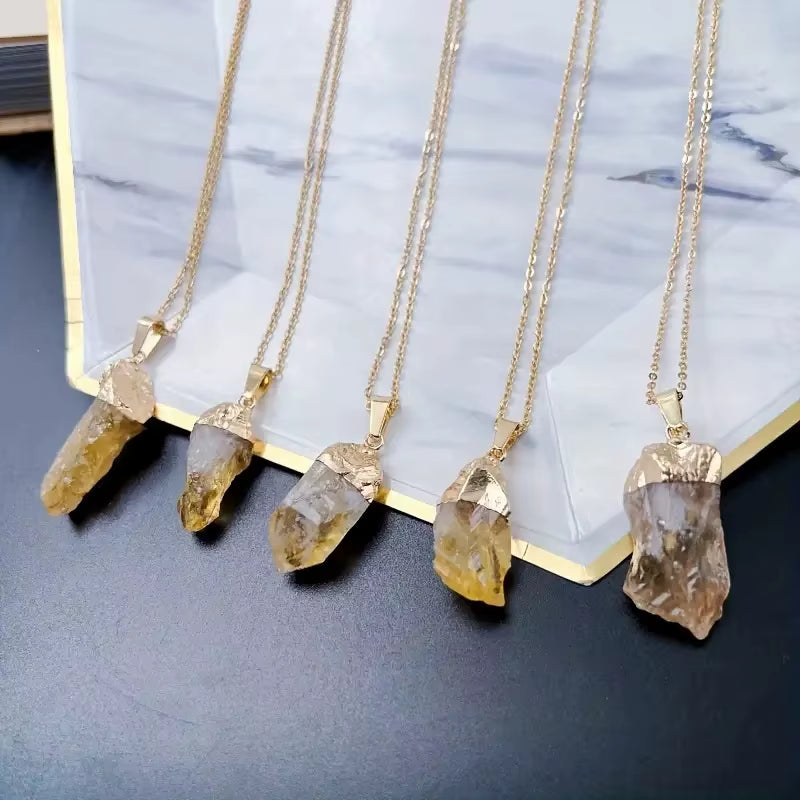 Natural Brazilian Citrine Raw Stone Pendant Gold Plated Edge Crystal Charm Necklace Wealth Abundance Healing Crystal Wholesale