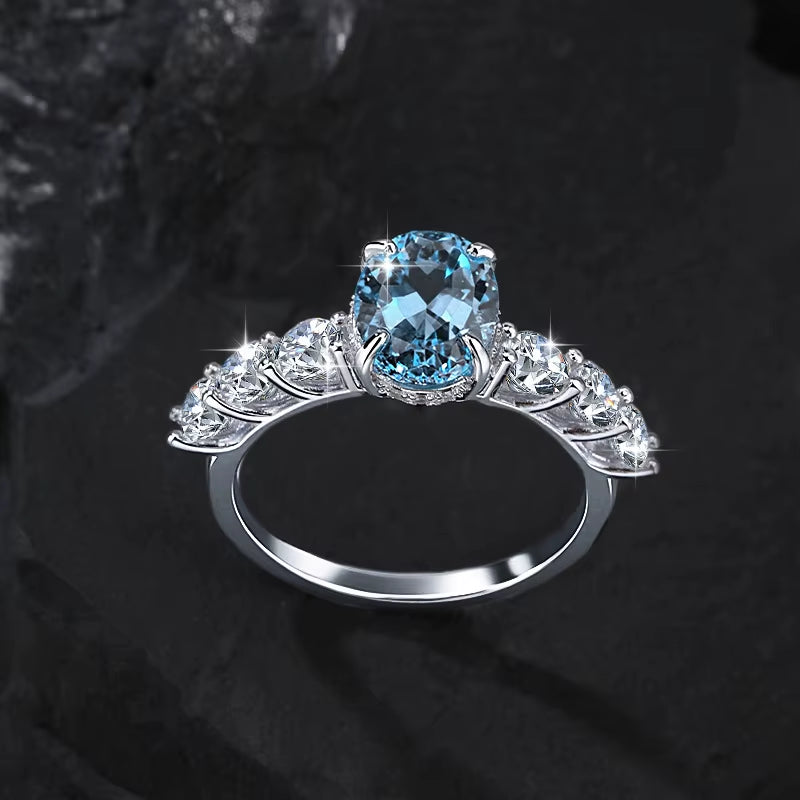 Ready to Ship S925 Sterling Silver Inlay 1CT Blue Moissanite Ring Oval Cut Natural Gemstone Topaz Ring for Women Wedding Band