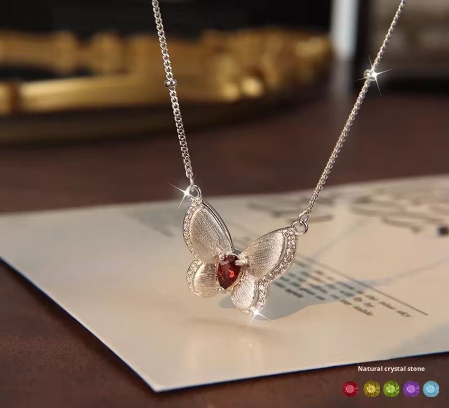 ELAN Factory Customized Wholesale Butterfly Collarbone Chain S925 Silver Plated Natural Crystal Stone Brushed Necklace