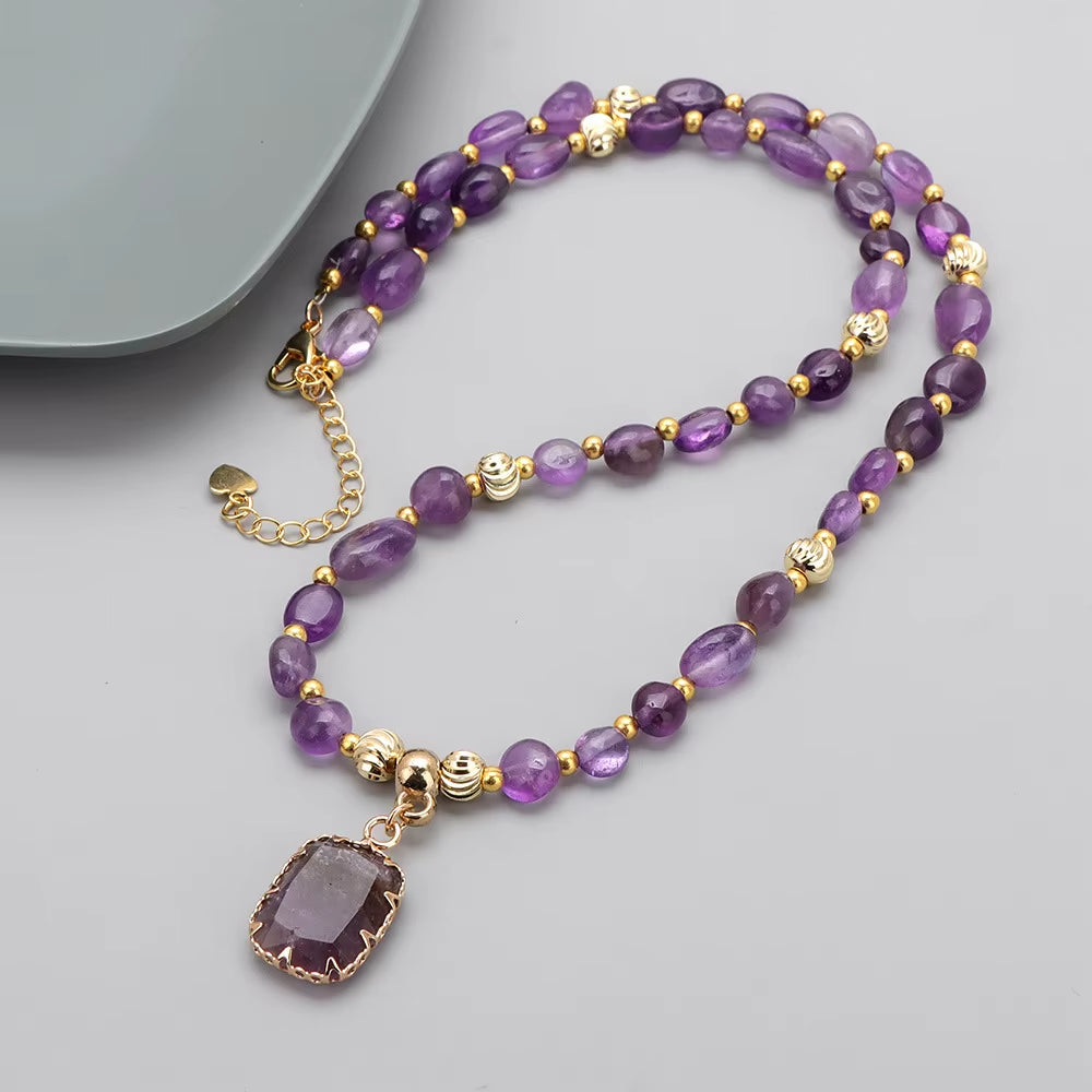 Wholesale Popular Selling Gemstone Beads Square Gold Pendant Natural Fashion Jewelry Irregular Diamond Beaded Necklace Jewellery