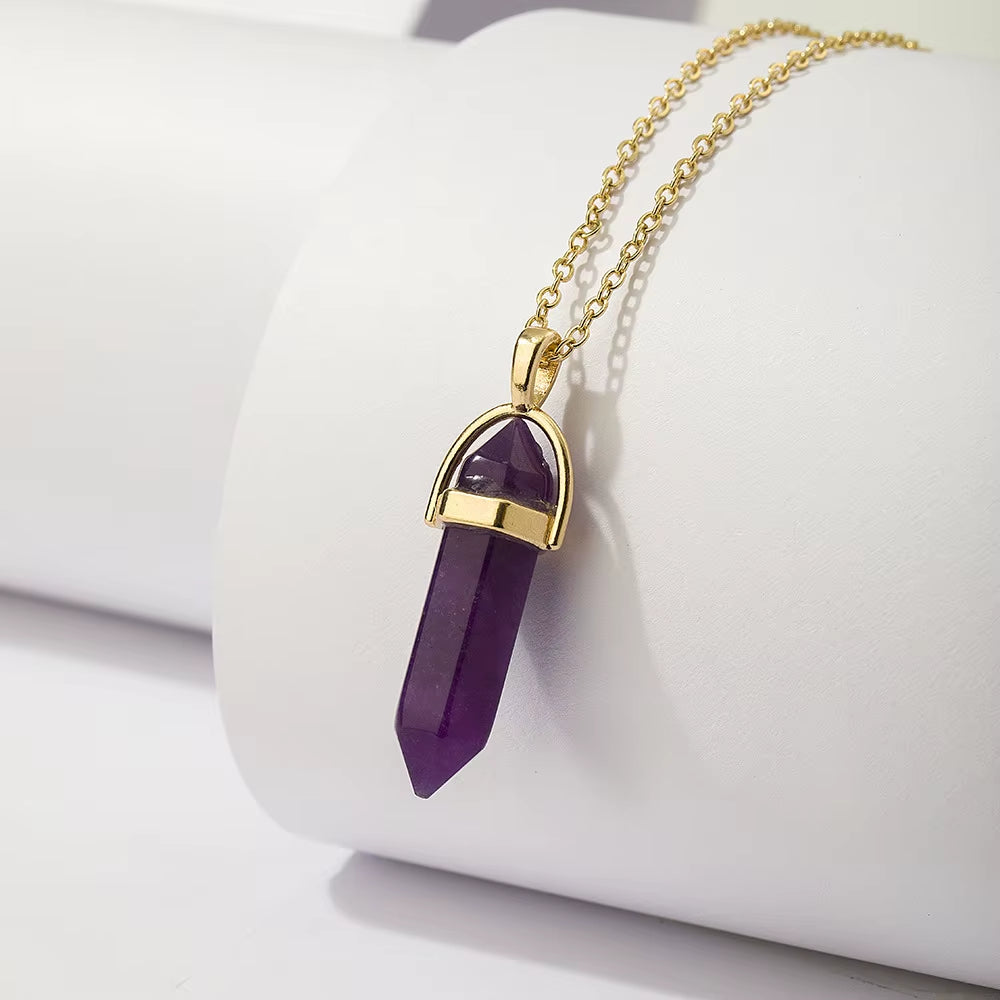 Wholesale Ladies Jewelry Pendulo Fashion Natural Stone Necklace Chakra Pendant Hex Bullet Amethyst Pink Purple Crystal Necklace