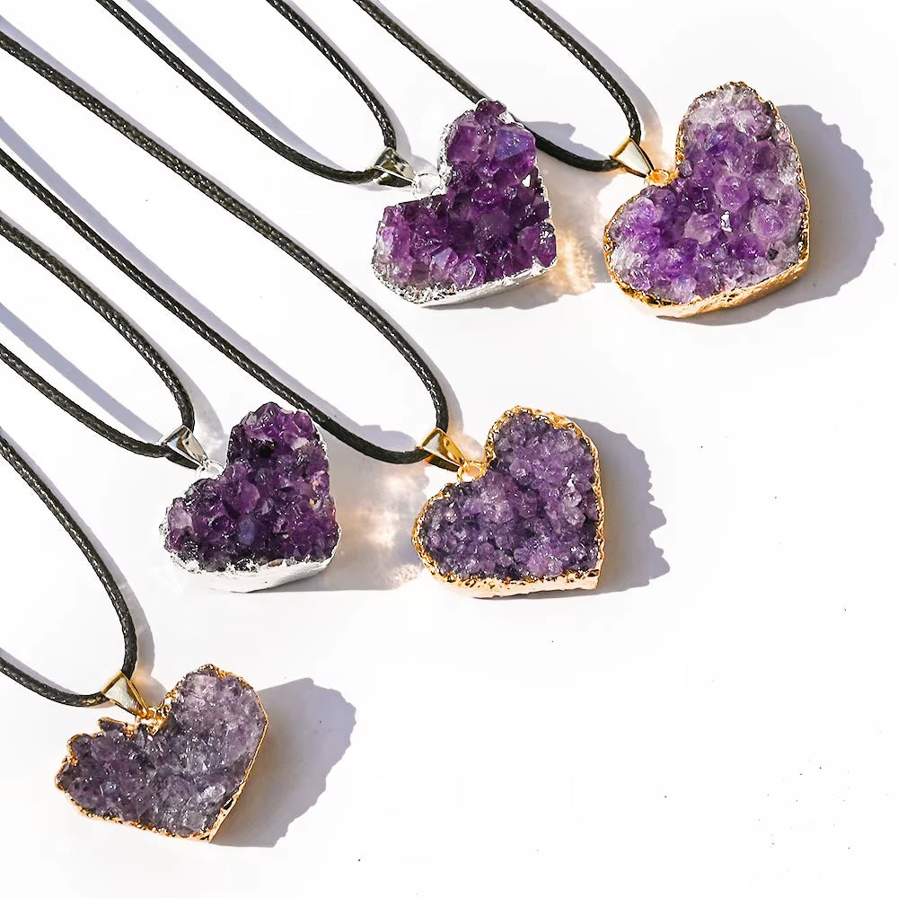 Uruguay Natural Amethyst Cluster Pendant White Crystal Irregular Tooth Cave Heart-Shaped Necklace Gemstone Material