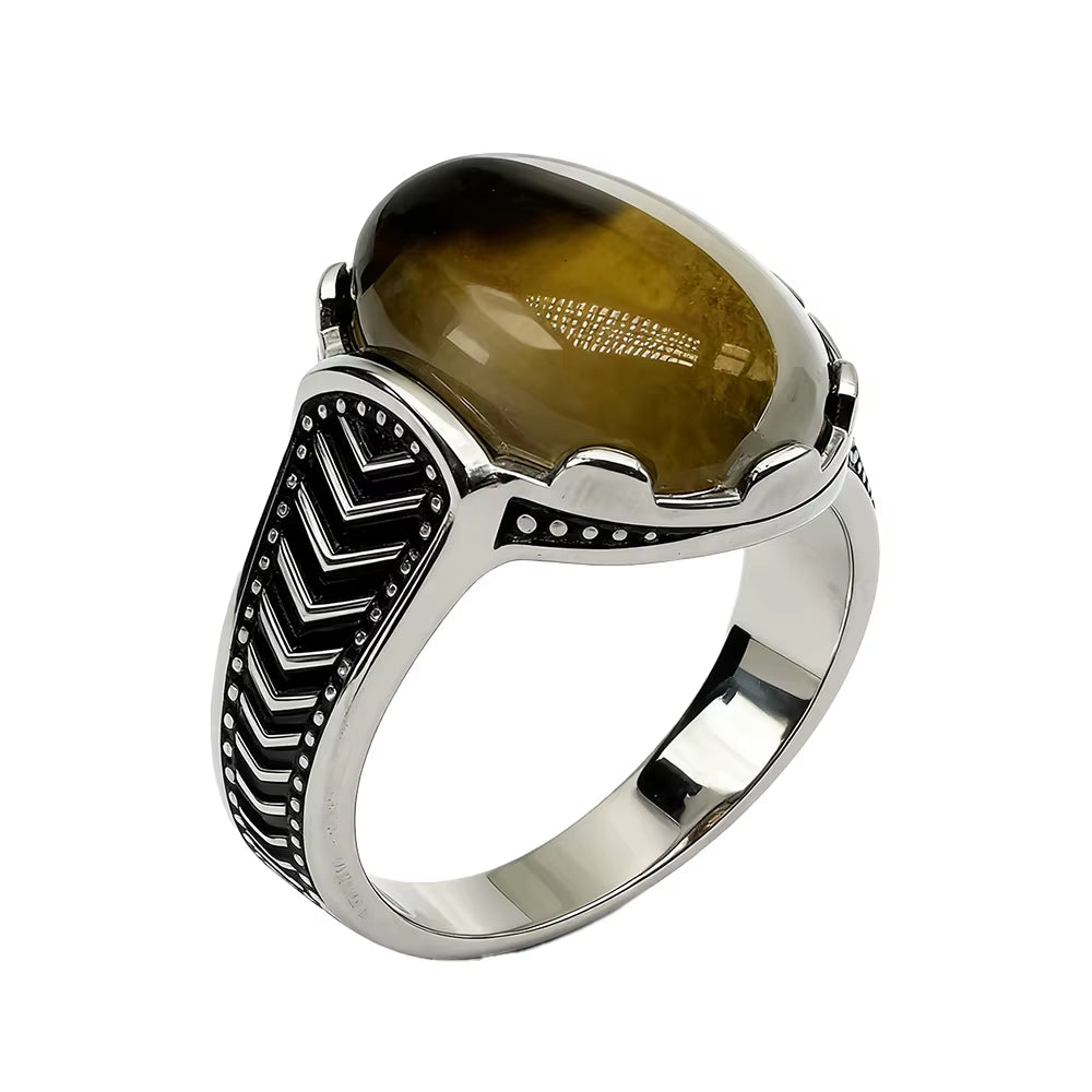 Kaanjewelry Wholesale Turkish Men'S Vintage 925 Sterling Silver Natural Onyx Agate Ring Fashionable Gemstone Islam Arabic Ring