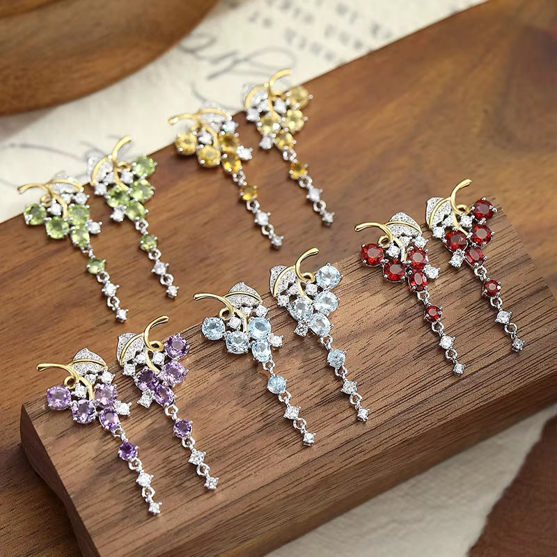 ELAN Factory Wholesale S925 Pure Silver Women'S Cross-Border Natural Crystal Stone Leaves High-End Tassel Niche Earrings