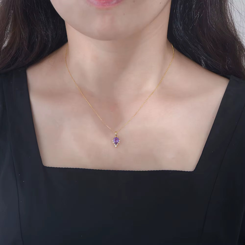 PEISHANG Simple Wholesale Gemstone Chian 925 Sterling Silver Gold Plated Jewelry Natural Amethyst Pendant Necklace for Ladies