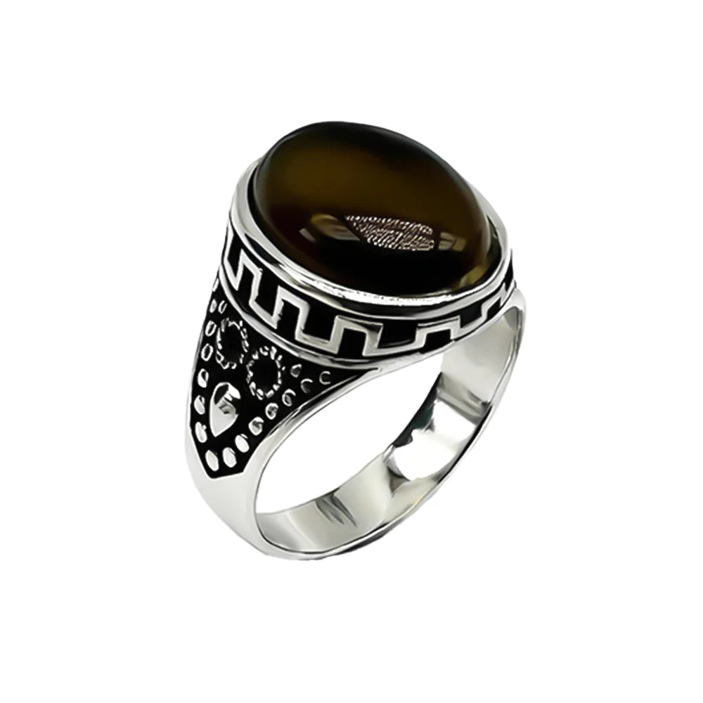 Kaanjewelry Wholesale Turkish Men'S Vintage 925 Sterling Silver Natural Onyx Agate Ring Fashionable Gemstone Islam Arabic Ring