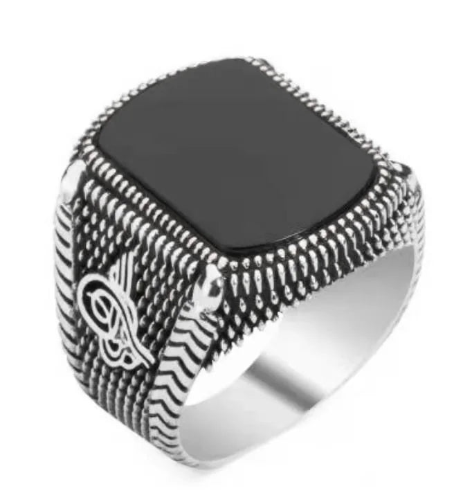 Turkish Jewelry Black Ring Men Light-Weight 6G Real 925 Sterling Silver Mens Rings Natural Agate Stone Vintage Cool Fashion