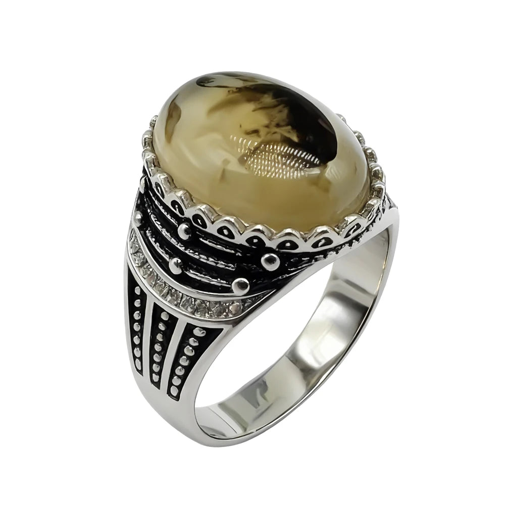 Kaanjewelry Wholesale Turkish Men'S Vintage 925 Sterling Silver Natural Onyx Agate Ring Fashionable Gemstone Islam Arabic Ring