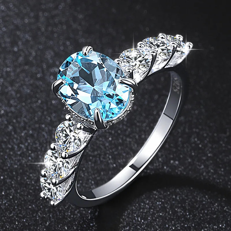 Ready to Ship S925 Sterling Silver Inlay 1CT Blue Moissanite Ring Oval Cut Natural Gemstone Topaz Ring for Women Wedding Band