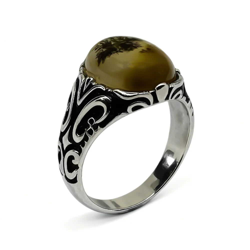 Kaanjewelry Wholesale Turkish Men'S Vintage 925 Sterling Silver Natural Onyx Agate Ring Fashionable Gemstone Islam Arabic Ring