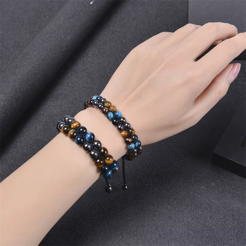 8Mm Blue Tiger Eye Black Obsidian Hematite Bracelet Double Woven Gemstone Natural Stone Yoga Beaded Bracelets Charms Stretchy