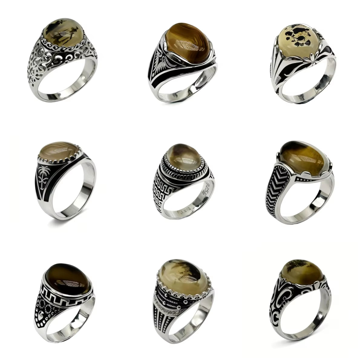 Kaanjewelry Wholesale Turkish Men'S Vintage 925 Sterling Silver Natural Onyx Agate Ring Fashionable Gemstone Islam Arabic Ring