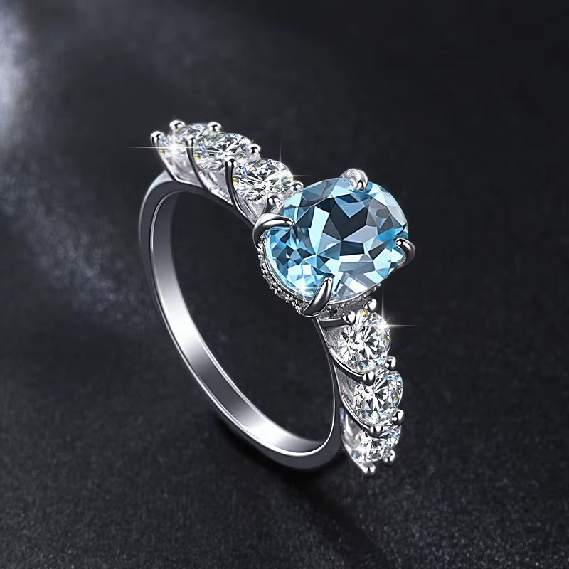 Ready to Ship S925 Sterling Silver Inlay 1CT Blue Moissanite Ring Oval Cut Natural Gemstone Topaz Ring for Women Wedding Band