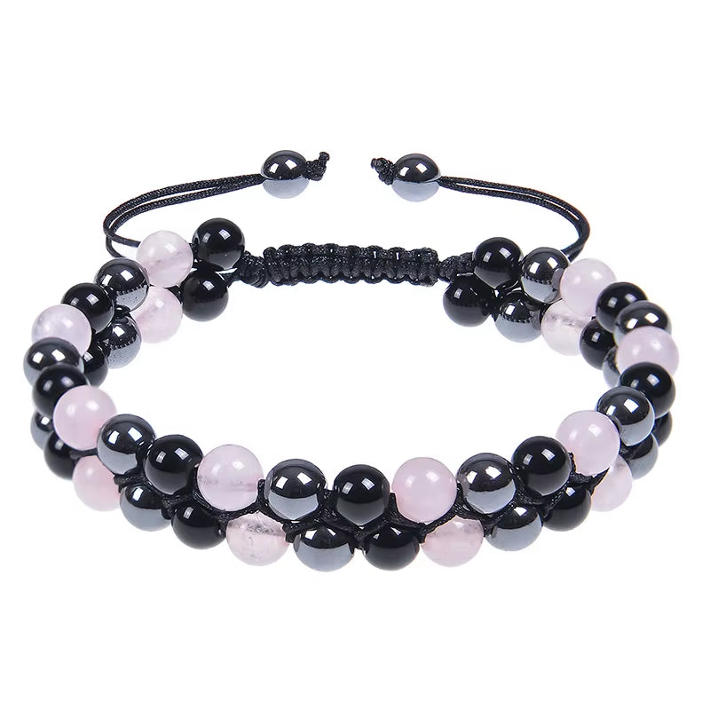 High Quality 6/8MM Natural Stone Amethyst Double Layer Bracelet Handmade Adjustable Elastic Black Magnet Beaded Bracelet Jewelry