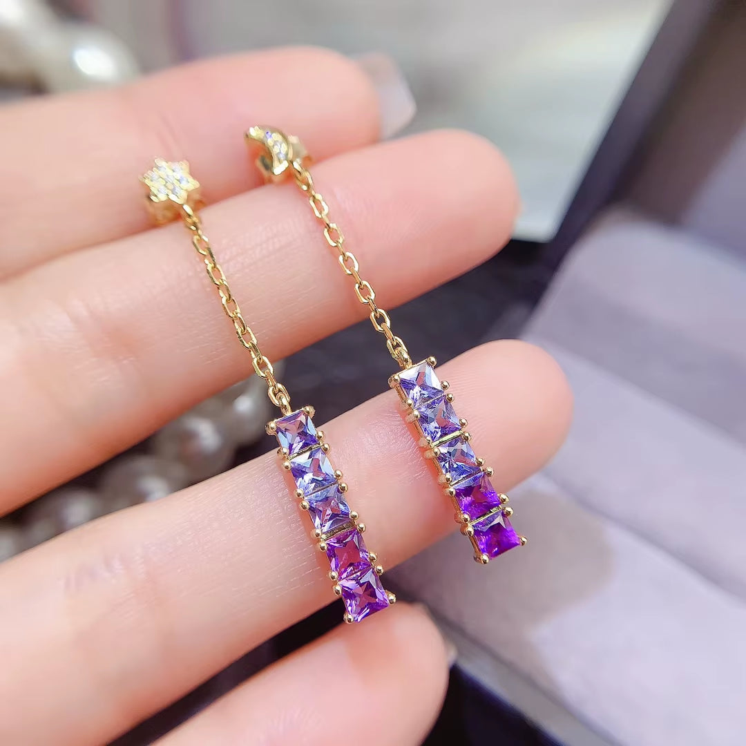 Hot Sale Vintage Style Gold-Plated Natural Tanzanite Amethyst Earrings for Wedding Party Gift