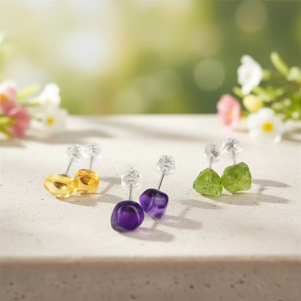 Natural Amethyst Stud Rhodium Plated Rough Stone Earrings Simple S925 Sterling Silver Earrings Crystal Citrine Peridot Jewelry