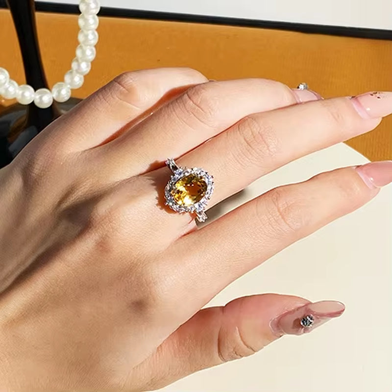 High-Grade S925 Sterling Silver Oval Cut Citrine Prong Set Natural Stone Rhodium Plated Third Party Certified Luxury Jewelry For