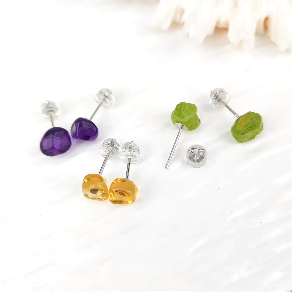 Natural Amethyst Stud Rhodium Plated Rough Stone Earrings Simple S925 Sterling Silver Earrings Crystal Citrine Peridot Jewelry